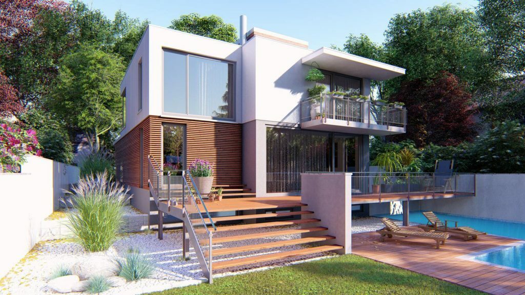Výstup z aplikace Lumion - vizualizace domu se zahradou a bazénem
